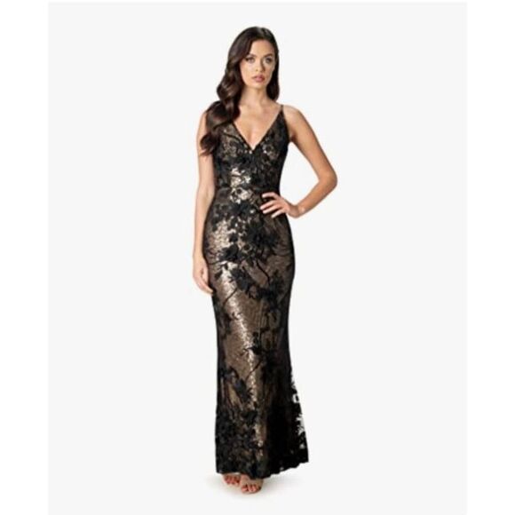 Dress the Population Sharon Gown,V Neck, Mermaid, Blk lace/gold sequin, EUC, M - Picture 1 of 12